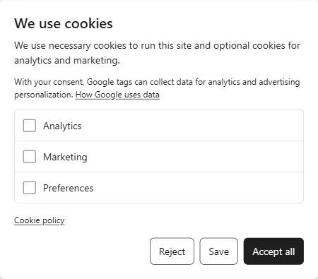 ACookies-borði með vali á flokkum og hnöppum til að hafna, vista og samþykkja.