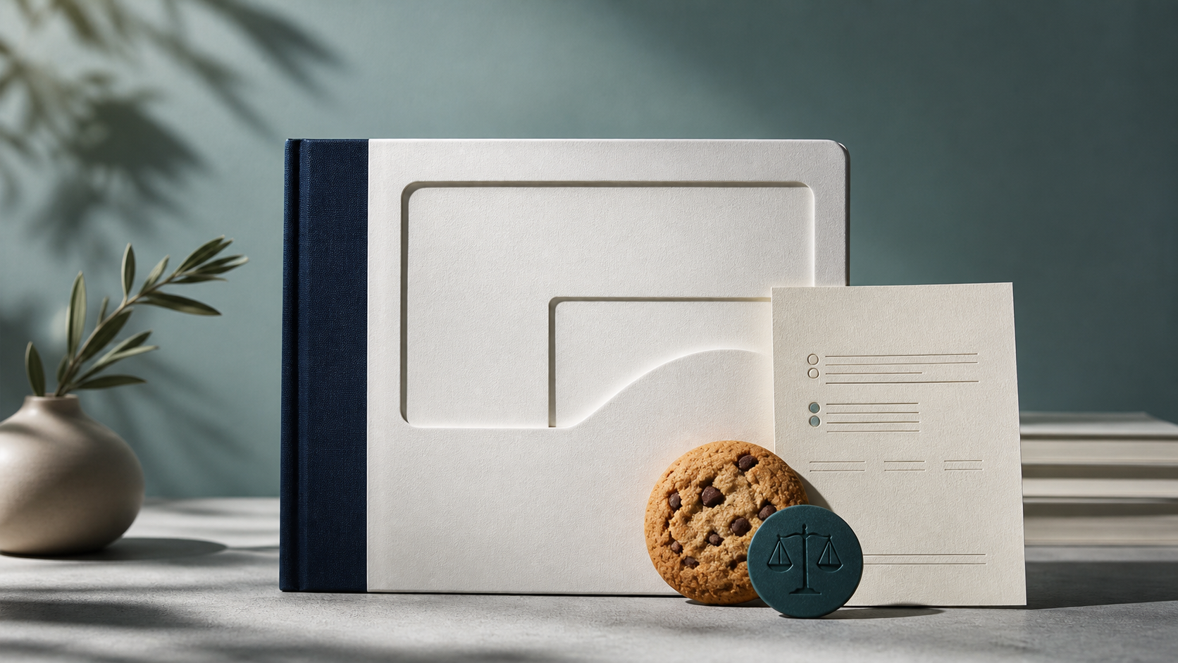 Fotografiskt stilleben med ett WordPress-inspirerat policyhäfte, en cookiebricka och en samtyckesbricka