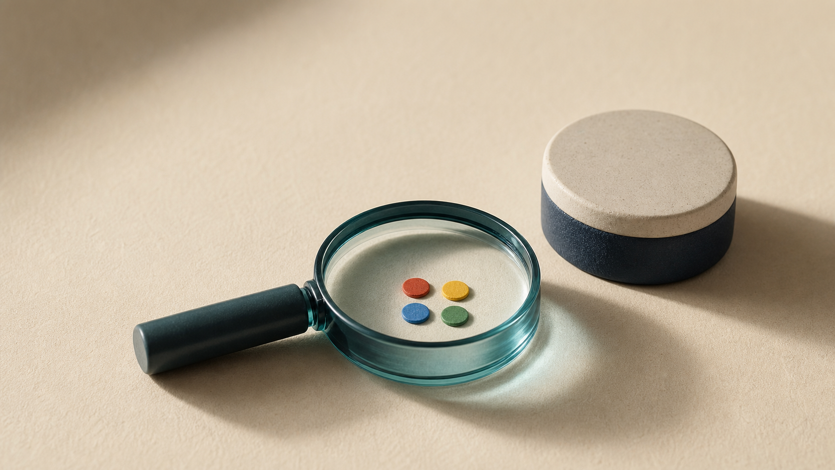 Photographic still life of a teal glass inspection loupe over four small consent signal tokens