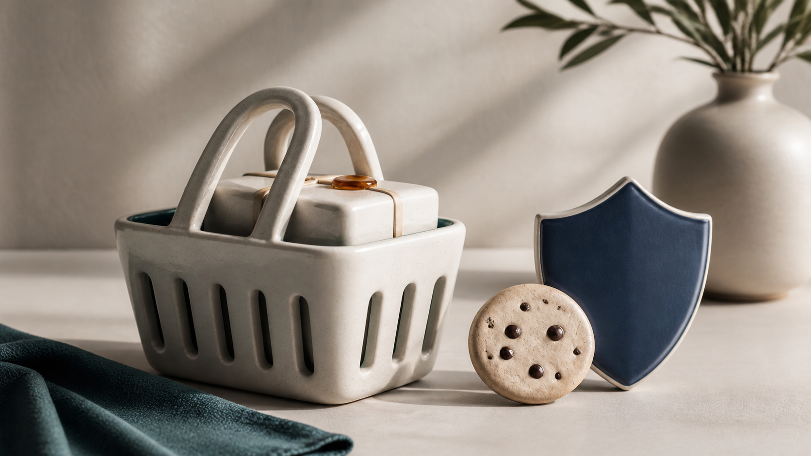 Fotografiskt stilleben med en keramisk varukorg, en cookiebricka och en marinblå sköld